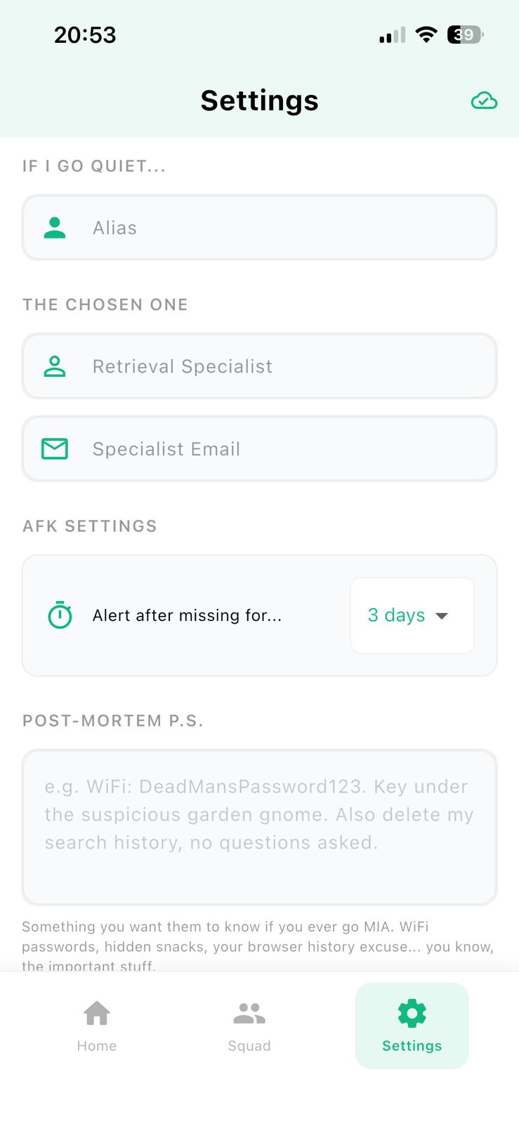 Settings screen with contact details, an "Alert after missing for 3 days" timer and a note field.